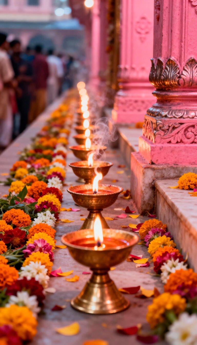 row lit lamps with flowers
