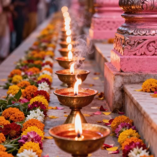 row lit lamps with flowers